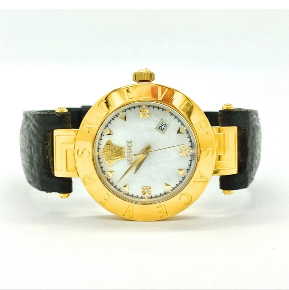 Versace Swiss Made Ladies Goldtone Watch W/Black Leather Shark Band Working - Picture 2 of 10